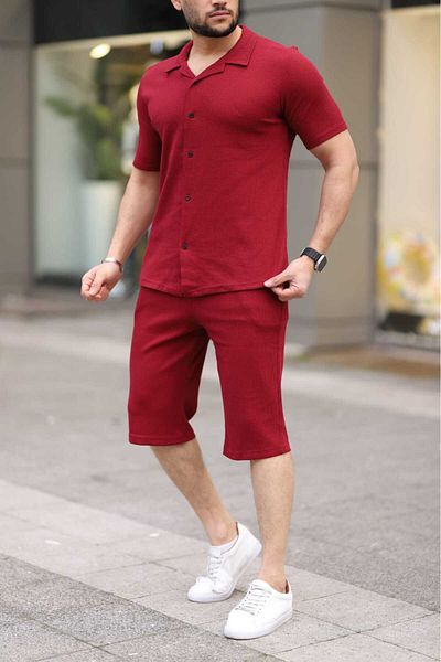 Trendseninle Men's Burgundy Waffle Fabric Capri Shorts Shirt Set