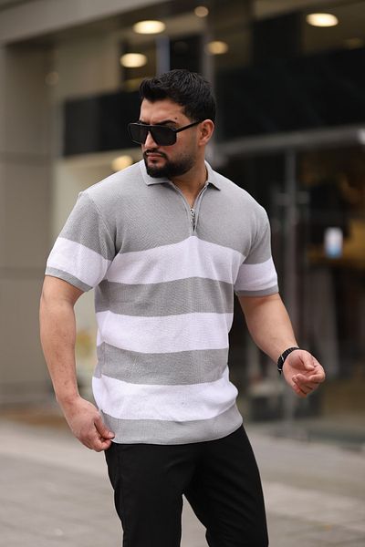 Trendseninle Πλεκτό μπλουζάκι Stone Grey με μισό φερμουάρ Polo γιακά ριγέ