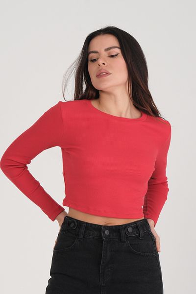 PUNKY CAT Women's Red Long Sleeve Ribbed Blouse Crop Knitted T-Shirt