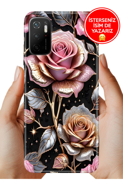 Cekuonline Redmi Note 11SE Kılıf Lüks Desenli Silikon Cover Case Gold Gül