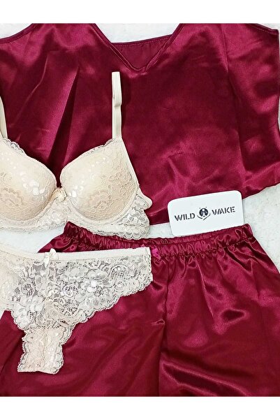 Wild Wake Saten Bordo 2 li Şort Gecelik+ Şık Bej Dolgulu Dantel Sütyen Takımı Kombini