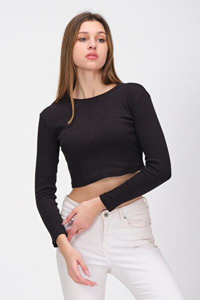 PUNKY CAT Women's Black Long Sleeve Ribbed Blouse Crop Knitted T-Shirt