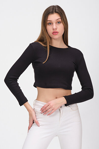 PUNKY CAT Women's Black Long Sleeve Ribbed Blouse Crop Knitted T-Shirt