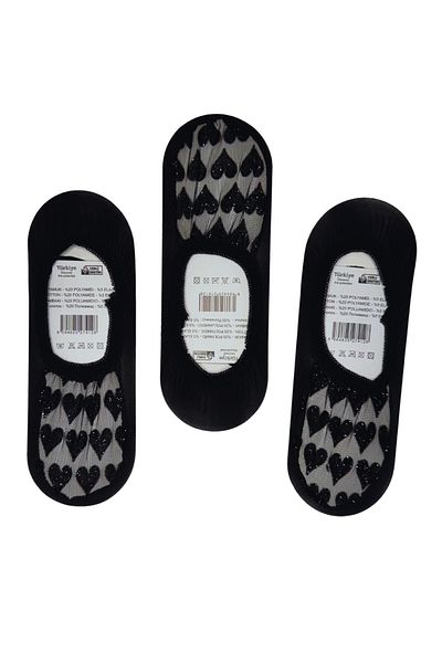 PJ & Me Black Glitter Heart Detailed Tulle Set of 3 Women's Ballerina Socks