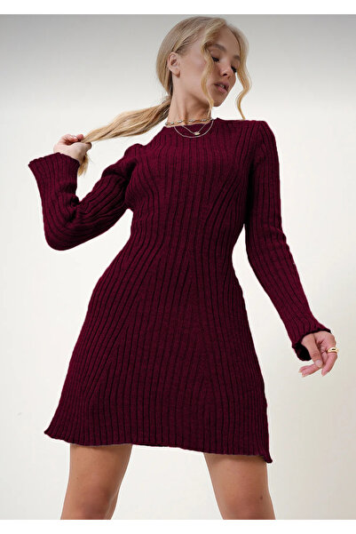 LUSHİGO Kadın Bordo Bisiklet yaka Kloş Mini Fitilli Kışlık Triko Elbise