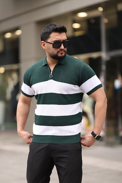 Trendseninle Tricou verde cu jumătate de fermoar cu gât polo cu dungi
