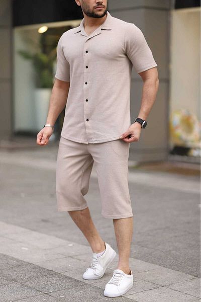 Trendseninle Men's Beige Waffle Fabric Capri Shorts Shirt Set