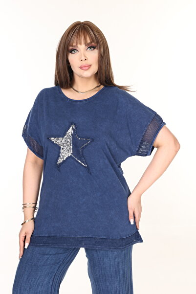 özle fashion Yıldız İşlemeli Eteği Garnili Büyük Beden Bluz