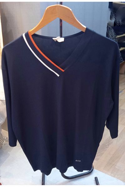 Sistas Si̇stas Three Quarter Sleeve Colorful Collar Banded Navy Blue Color Blouse