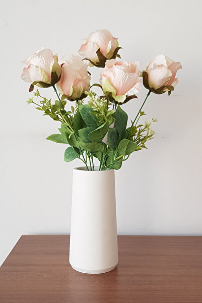 adresiburasi Beton Vazoda Yapay Çiçek 7 li Yapay Gül Demeti Somon