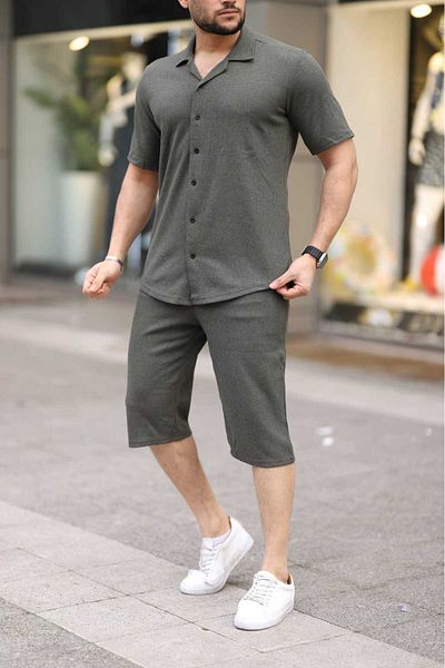 Trendseninle Men's Khaki Waffle Fabric Capri Shorts Shirt Set