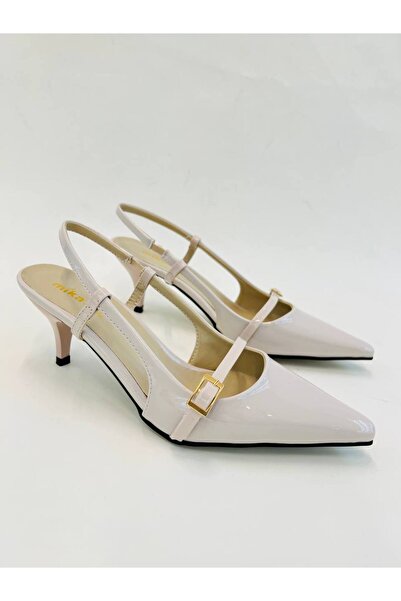 cevaplus Women's Beige Patent Leather Heeled Shoes