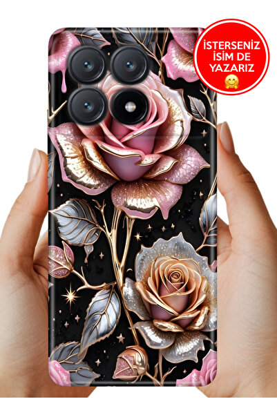 POCO Xiaomi Poco X6 Pro Kılıf Lüks Desenli Silikon Cover Case Gold Gül