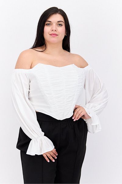 Jaded Rose Women Plus Size Off Shoulder Long Sleeve Solid Top, White