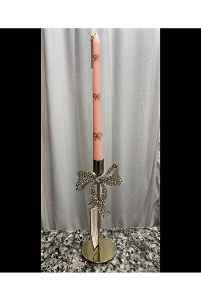 Hatice sakallı design 1 Adet pembe mum üzeri gold el boyama fiyonk çizimli mu...