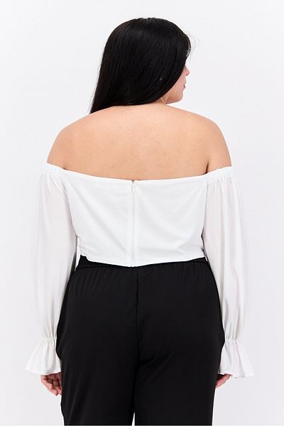 Jaded Rose Women Plus Size Off Shoulder Long Sleeve Solid Top, White