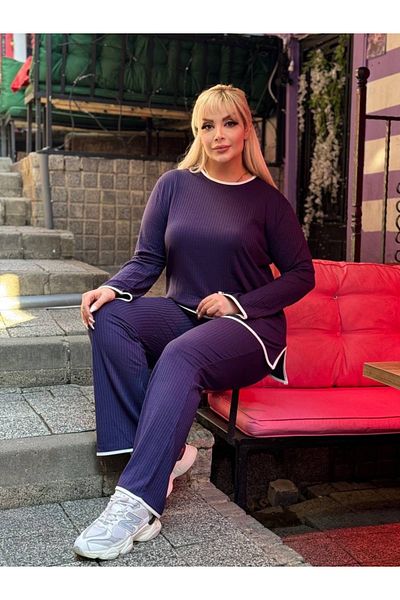 MODA بدلة نسائية مقاس كبير مخططة بأكمام إسبانية وسروال قصير من القطن المرن