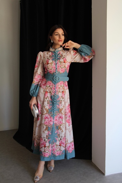 Julidress Rochie de in, cu nasturi, cu nasturi, cu guler vertical, cu curea, ...