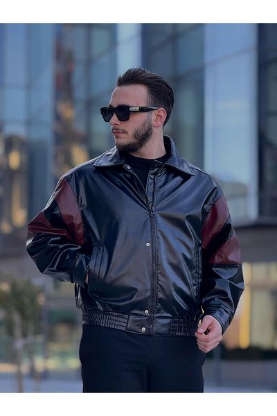 KINGAF Men's Leather Sleeve Garnish Jacket