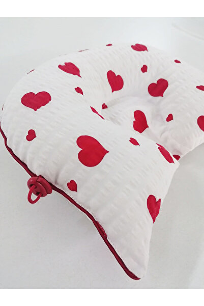 HALZEY Flat Head Pillow & Baby Pillow 100% Cotton, Antibacterial, Anti-Sweat, Red Heart Pattern