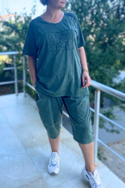 Mia Butik Large Size Khaki Leaf Patterned Bermuda Suit