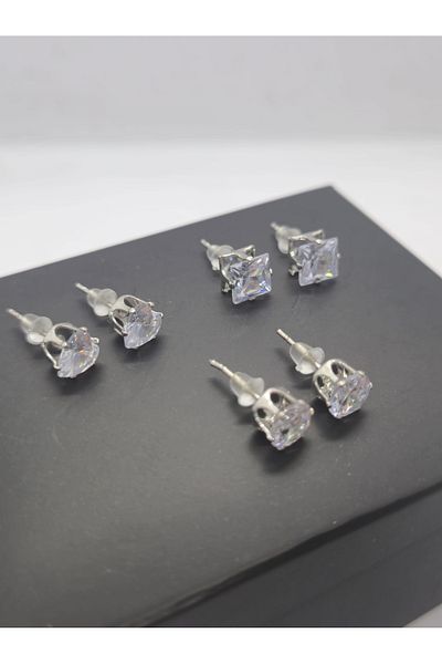 Set Stainless Steel Shiny Stone (3 Pairs) Earring Set (Heart - Round - Square)