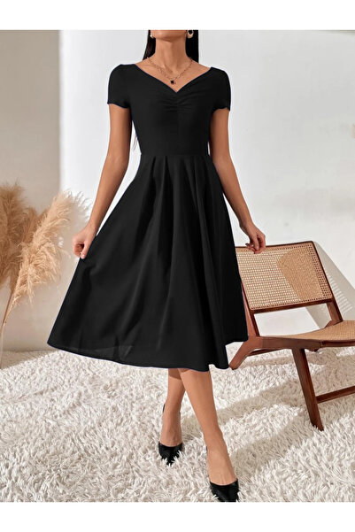 Masspera Γυναικείο κοντομάνικο φόρεμα Janjan Crepe με πλισέ μπροστά με λαιμόκ...