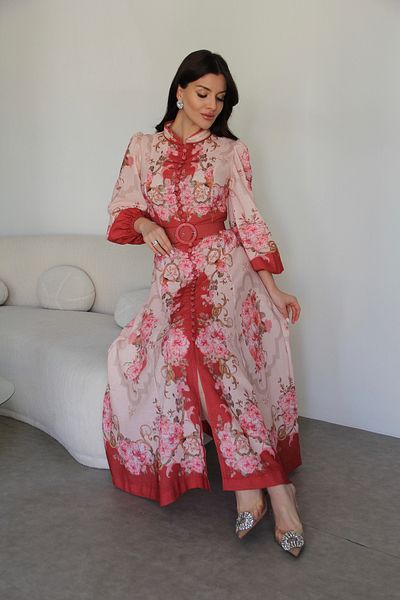 Julidress Red Buttoned Stand Collar Patterned Belted Midi Length Premium Design Linen Dress