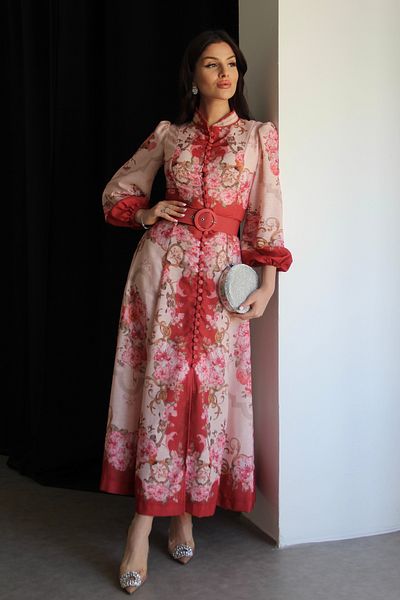 Julidress Red Buttoned Stand Collar Patterned Belted Midi Length Premium Design Linen Dress