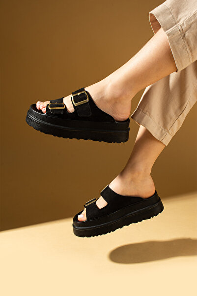 Pembe Potin Μαύρες σουέτ γυναικείες άνετες παντόφλες με χοντρή σόλα με διπλή ζώνη με αγκράφα