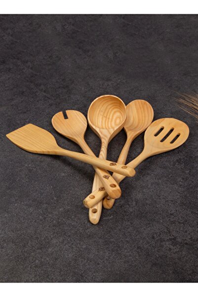 Handcraft Handmade Antique Sycamore Wood 6 Piece Wooden Spoon & Spatula Kitchen Set with Stand