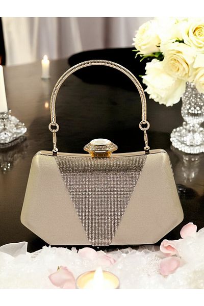 Biçanta Nude Color Satin Gold Stone Βραδινό Τσάντα Βραδινή Τσάντα Αρραβώνα Τσάντα Γάμου