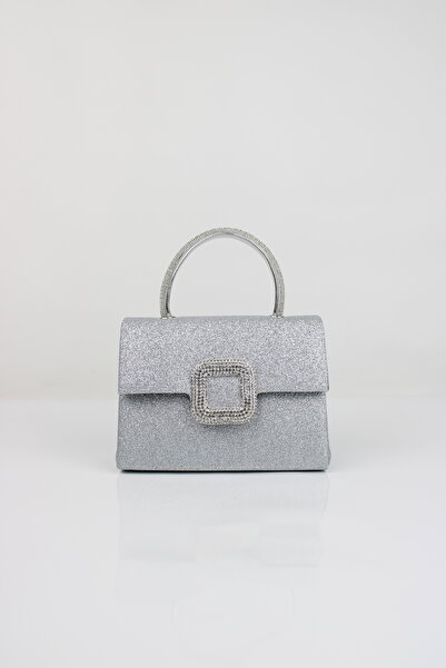 mossi Women's Silver Glitter Evening Dress Bag - Evening Dress Bag with Crystal Stone Buckle