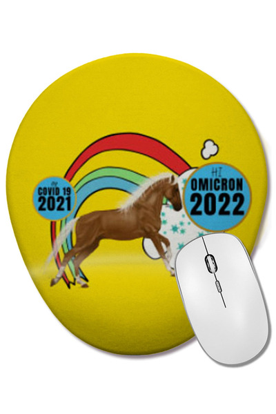 BASKI DÜNYASI Сарказъм Забавен ретро кон, който казва „Здрасти“ Омикрон вирус 2022 Подложка за китката Овална подложка за мишка