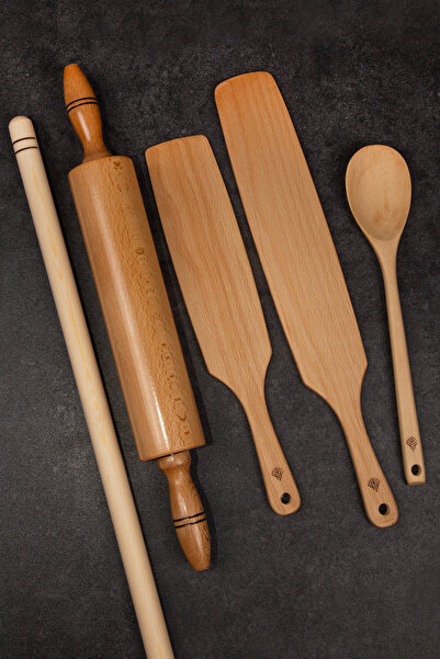 Handcraft 5 Parça El Yapımı Sabit Merdane,tahta Kaşık,oklava ,iki Adet Yufka ...