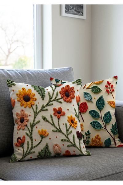 Punch Embroidery Pattern Digital Printed Yellow Orange Autumn Themed 2-Piece Throw Pillow Cover