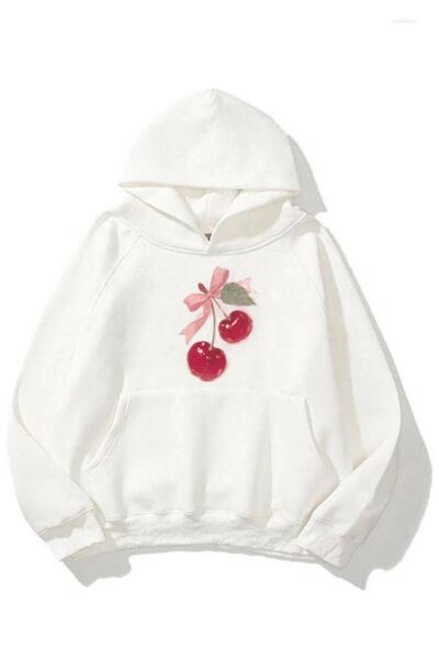 Framgan Дамска бяла суитшърт с качулка и принт на череши