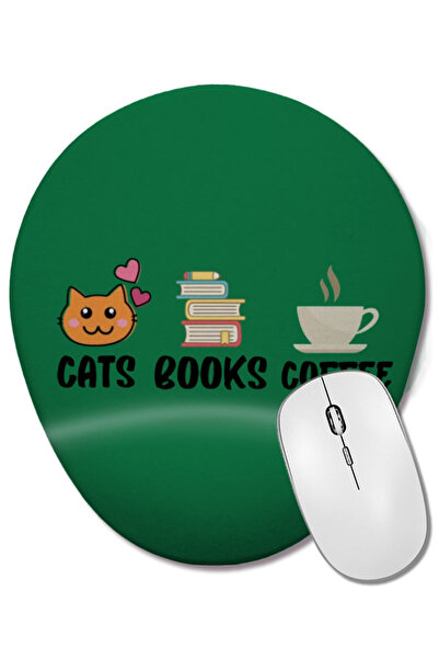 BASKI DÜNYASI CATS coffee BOOKS Овална подложка за мишка с опора за китката