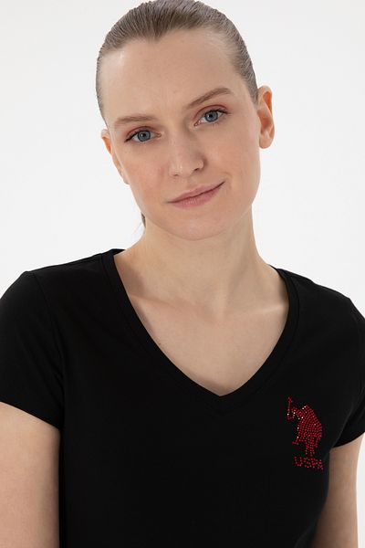 U.S. Polo Assn. Tricou de bază negru cu decolteu în V pentru femei 50300828-VR046
