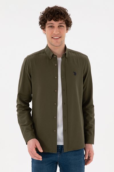 U.S. Polo Assn. Ανδρικό μακρυμάνικο πουκάμισο χακί Basic 50296777 -VR027