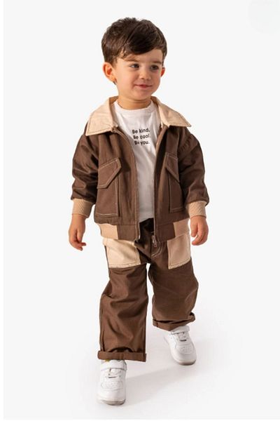 Minytrendy Baby Boy Cool Boy Badili Jacket Sports Bottom Top Set 1-3 Years Old Brown