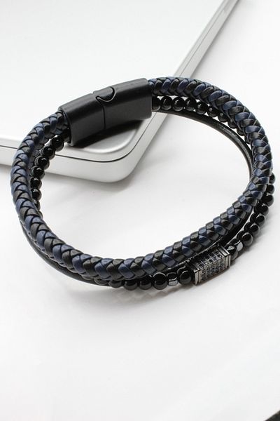 Leo'Stone Premium Series Steel Square Zircon Stone Detailed Navy Blue Combination 3-Piece Look Genuine Leather Men's Bracelet