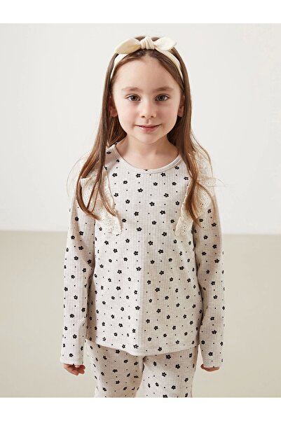 LC Waikiki Lcw Kids Beige Crew Neck Floral Girls Blouse and Leggings Pants 2Pcs