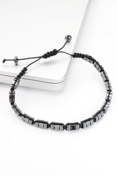Leo'Stone Premium Series Rectangular Asymmetrical Pattern Hematite Stone Elevator Drawstring Adjustable Men's Bracelet