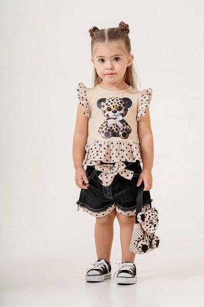 Pasur Bebe Girl's Set with Teddy Bear T-Shirt, Bag and Denim Shorts