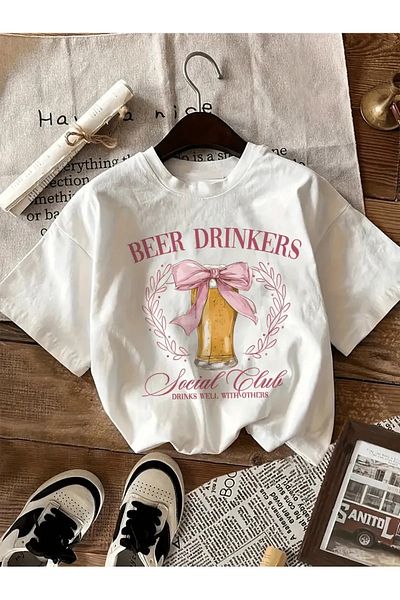 Gofeel Harajuku Street Beer Drınkers Print Detailed Unisex Short Sleeve T-Shirt