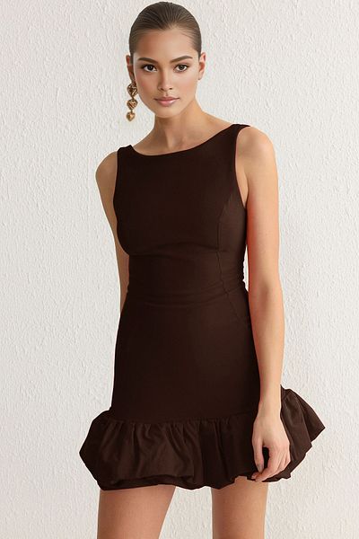 Trendyol Collection Hnědá balonová sukně Detailní vnitřní šortky Krátké večerní šaty s podšívkou Noční šaty TPRSS25EL00059