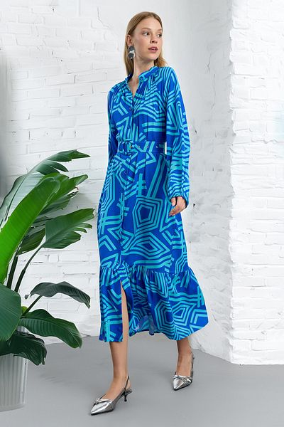 Trendyol Collection Modré košilové šaty midi s geometrickým vzorem – s páskem, převládající límec Woven Twoss24el01136