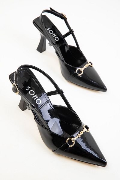 SOHO Black Patent Leather-Gold Women's Classic Heeled Shoes 20369