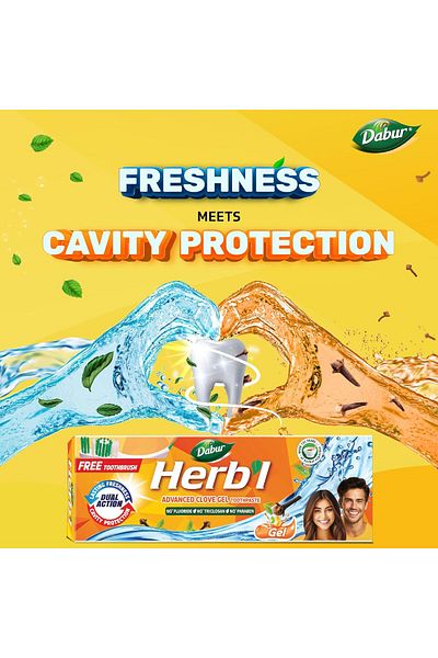 Dabur Herbal Advanced Clove Gel Toothpaste (150g + Free Toothbrush) | For Cavity Protection + Lastin